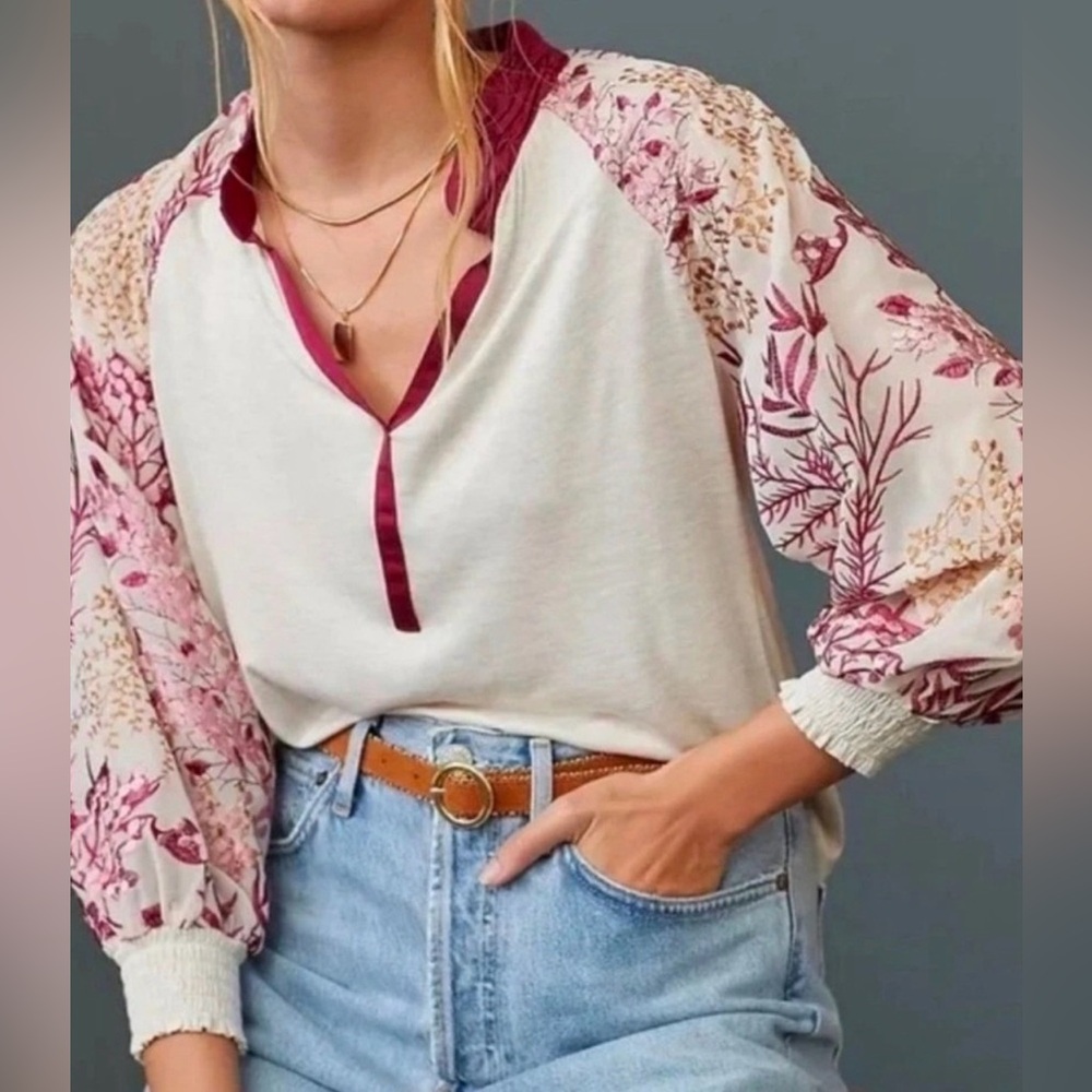 Anthropologie Tiny Eleanor Embroidered Floral Puff Sleeve Popover Top Small